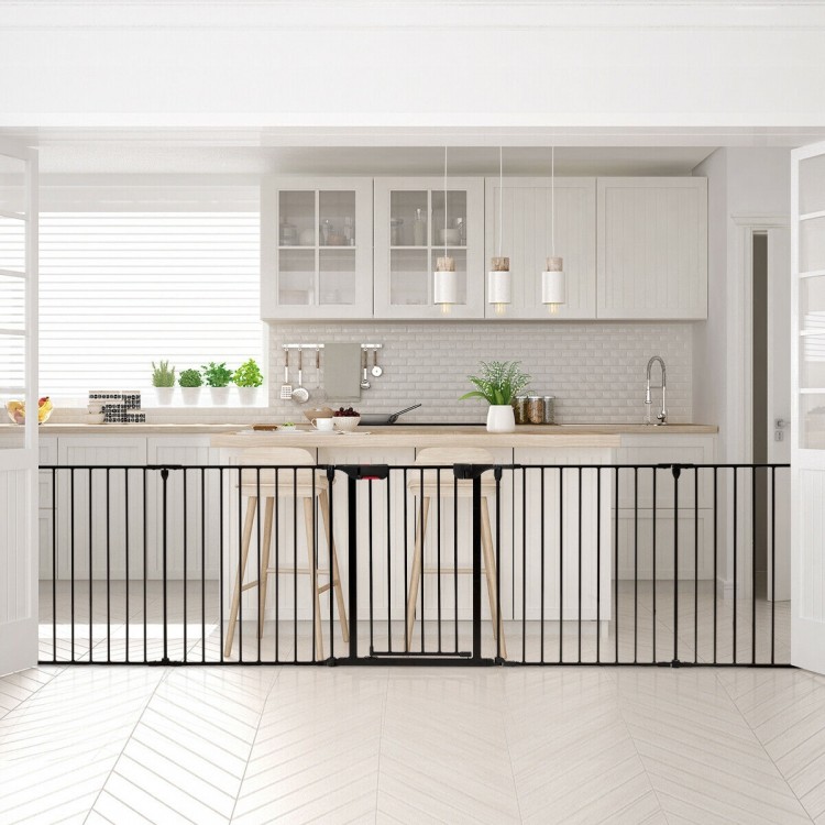 5-panel adjustable black fireplace fence made of heavy-duty steel, ideal as a pet gate or safety barrier for indoor use.