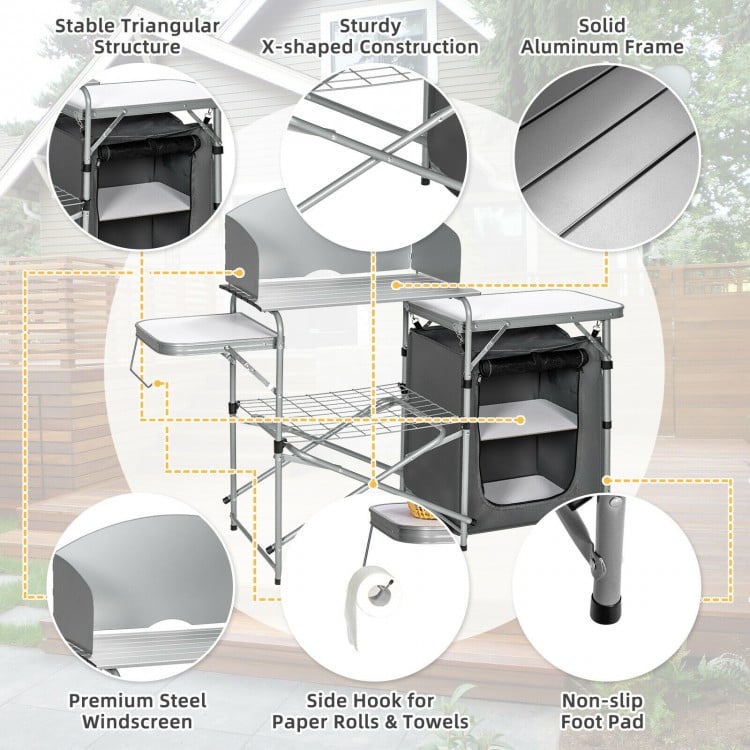 Foldable outdoor BBQ grilling table with windscreen, sturdy aluminum frame, and multi-function shelves for easy cooking.
