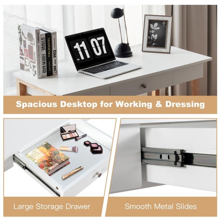 Spacious computer desk with a large storage drawer and smooth metal slides, perfect for home office or study use.