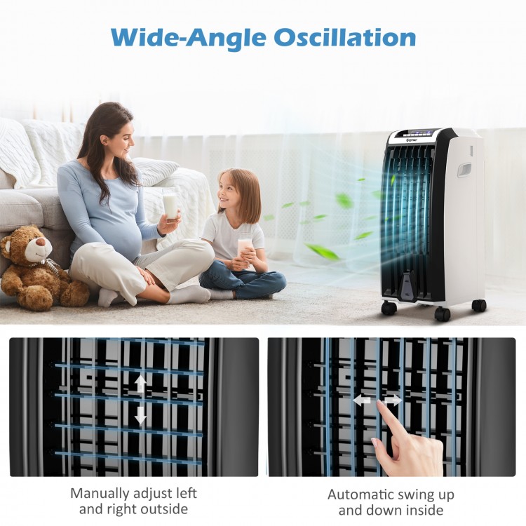 Portable evaporative air cooler with remote control, showcasing wide-angle oscillation for effective cooling in homes.