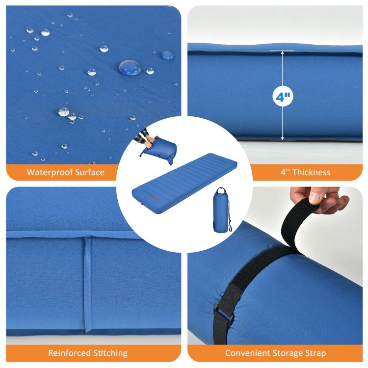 Self-inflating camping sleeping mattress in blue, featuring a waterproof surface, 4" thickness, and convenient storage.