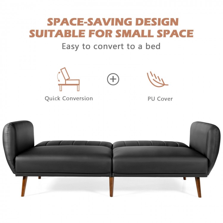 3-seat convertible sofa bed in black with adjustable backrest, PU cover, ideal for small spaces and versatile use.