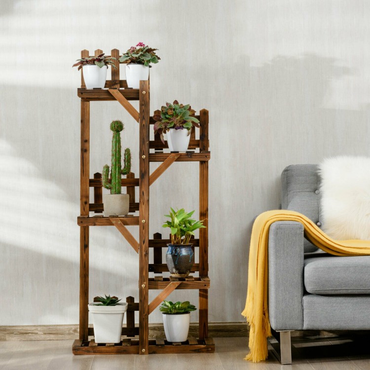 5-tier wood plant stand with triangular brackets, displaying 6 pots for plants, ideal for home organization and decor.