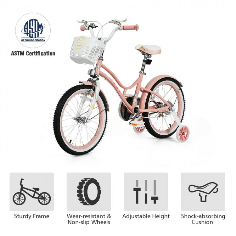 18-inch pink kids bike with adjustable height, training wheels, and detachable basket for safe and fun riding.
