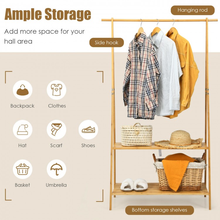 Bamboo clothes hanging rack with 2-tier storage shelf, perfect for entryway organization and plant display.