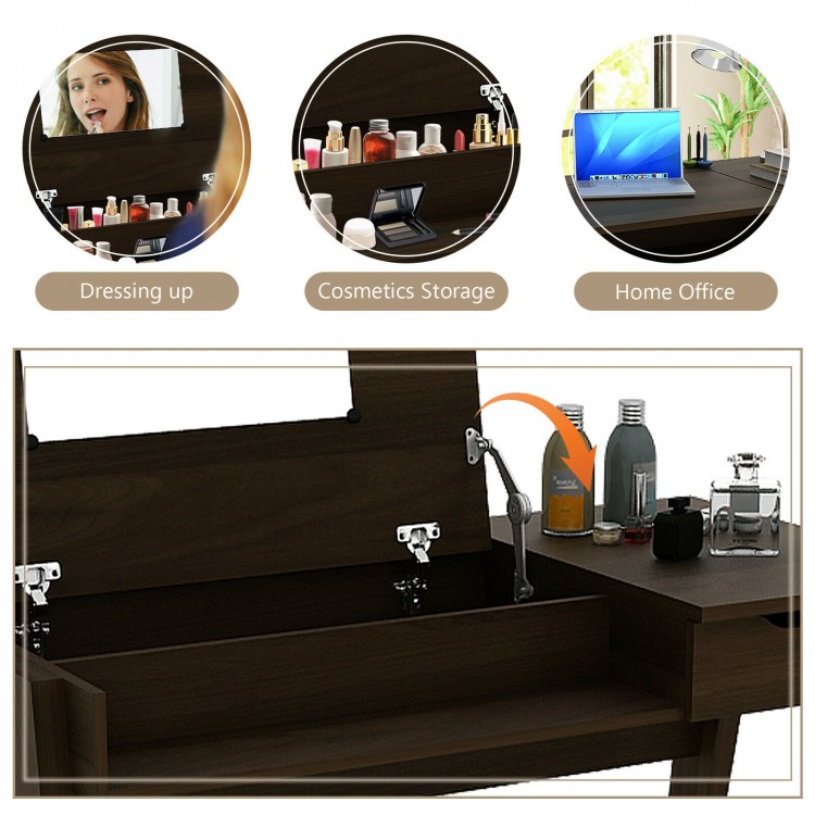 Dressing table with flip mirror and storage drawer, featuring ample space for cosmetics and a modern design for home.