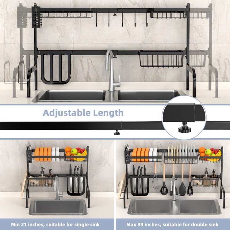 2 Tier adjustable over sink dish drying rack with 4 baskets and 8 hooks, suitable for single or double sinks.