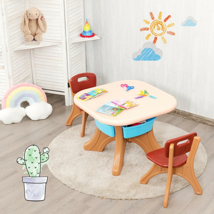 Kids activity table and chair set in coffee color with storage, perfect for arts, crafts, and learning in play areas.