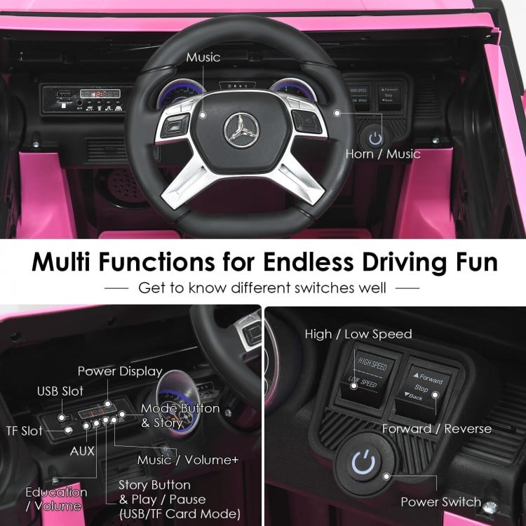 Dashboard view of the 12V licensed Mercedes-Benz kids ride-on car in pink, featuring music controls and power display.
