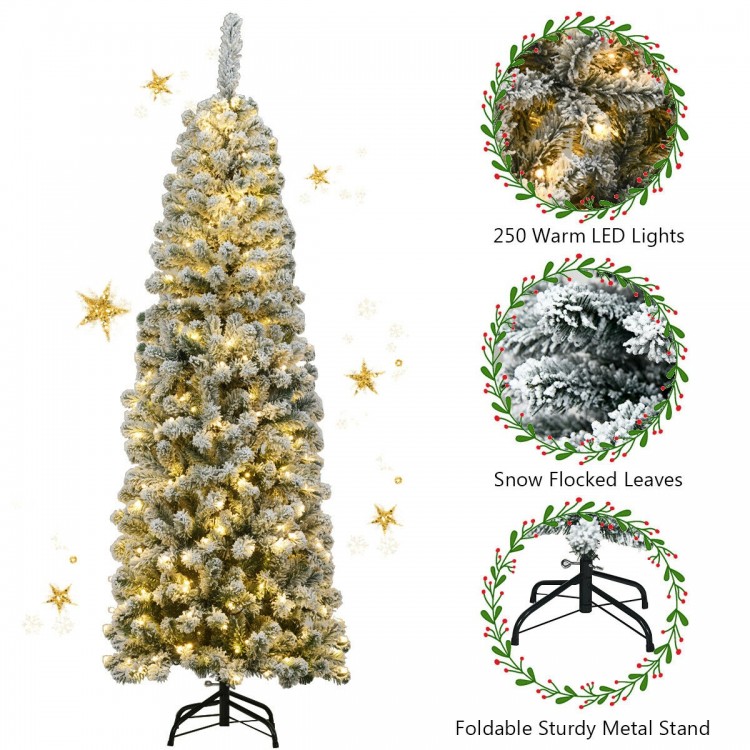 6-foot pre-lit snow flocked pencil Christmas tree with 250 warm LED lights, perfect for small spaces and festive decor.