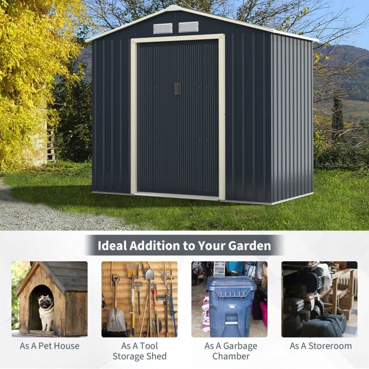 Metal storage shed with sliding double lockable doors, gray, ideal for tools, pets, or garbage storage in your garden.