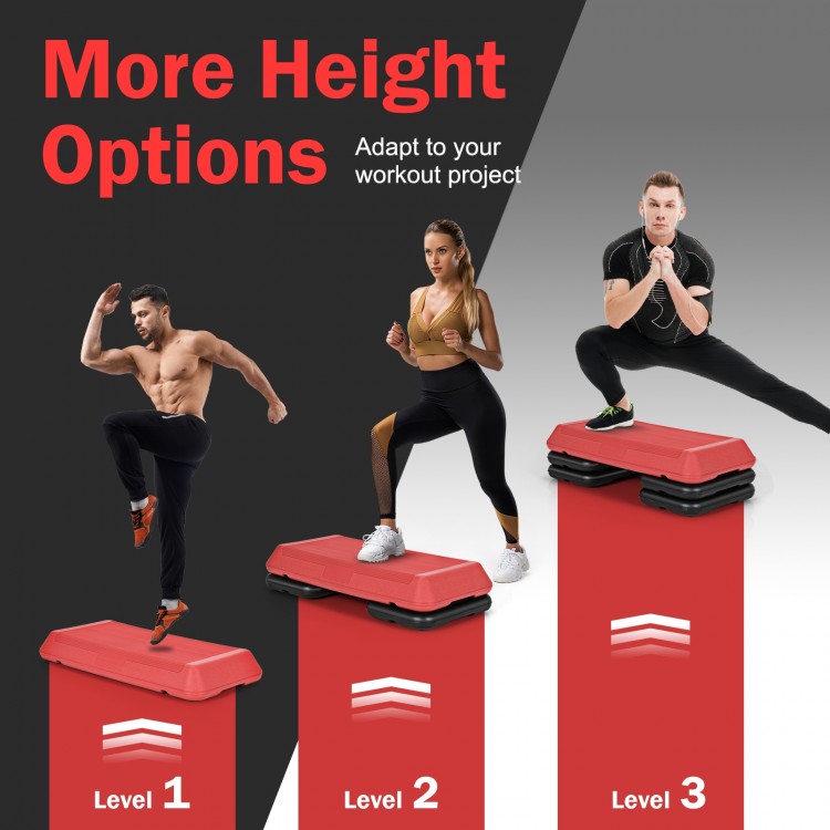 Adjustable 29-inch red aerobic stepper with 4 risers for customizable height, ideal for various cardio workouts.