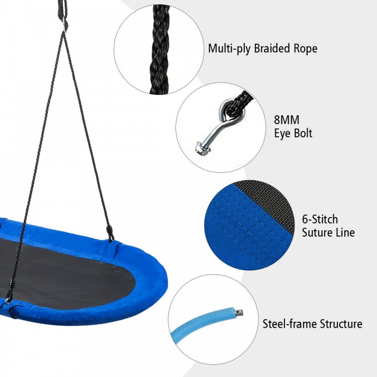 Blue and black 60-inch saucer swing with adjustable rope, sturdy steel frame, and multi-ply braided rope for outdoor.