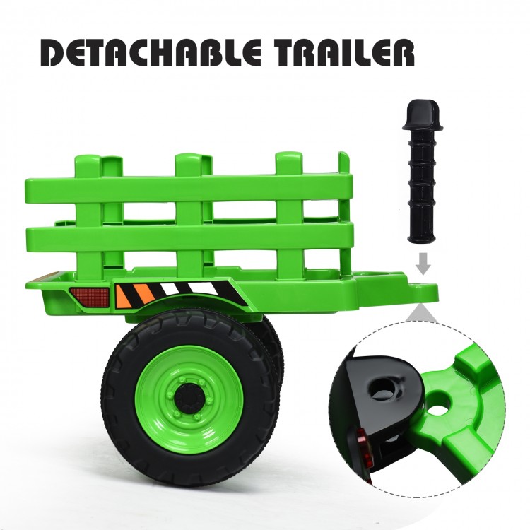 Detachable green trailer for 12V ride-on tractor, designed for kids, ideal for transporting toys and small items.