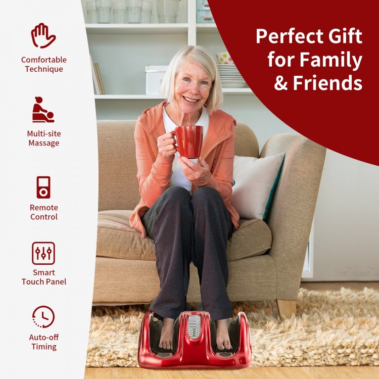 Therapeutic shiatsu foot massager in wine color, featuring remote control and adjustable speeds for personalized.