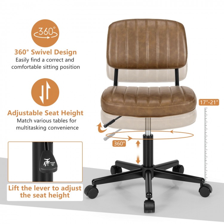 Brown PU leather adjustable office chair with backrest, 360° swivel design, suitable for study or office use.