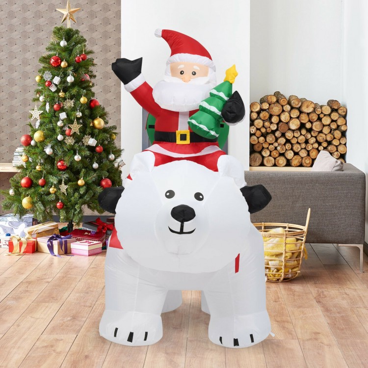 Christmas inflatable Santa riding a polar bear, 6.5 feet tall, with LED lights, perfect for festive home decoration.