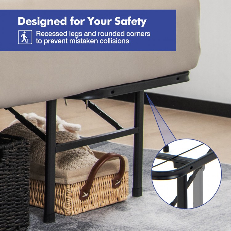 Folding steel platform bed frame with recessed legs and rounded corners for safety, ideal for kids and adults.