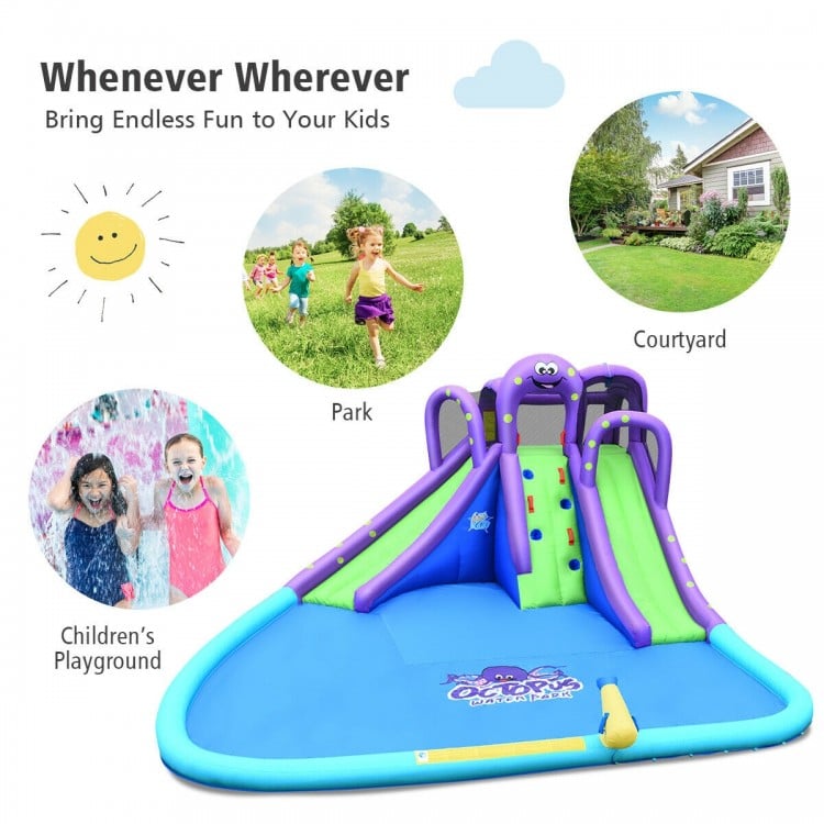 Inflatable water park with a tall slide, splashing pool, and water cannon for endless summer fun in the backyard.