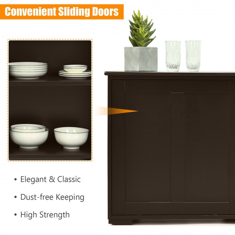 Kitchen storage cabinet with wood sliding doors, featuring a spacious top and two shelves for organized storage.