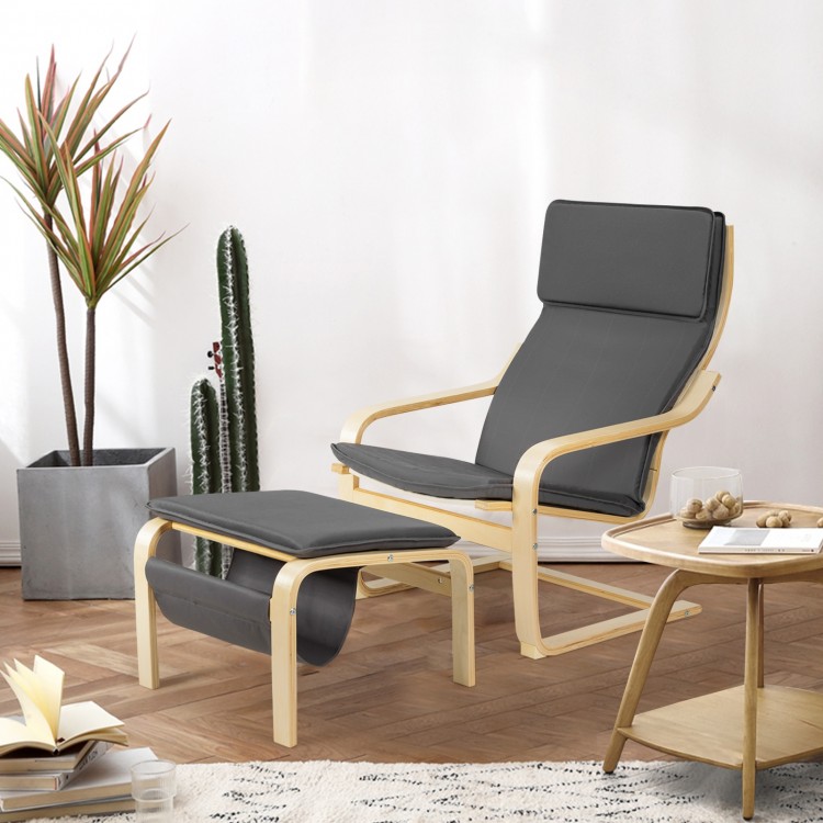 Gray Relax Bentwood Lounge Chair set with ottoman and magazine rack, featuring a natural wood frame for comfort and.