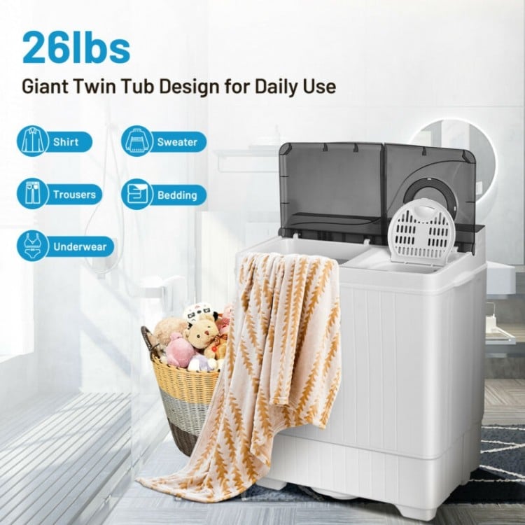 Portable semi-automatic washing machine in gray with 26lbs capacity, featuring a built-in drain pump for easy laundry.