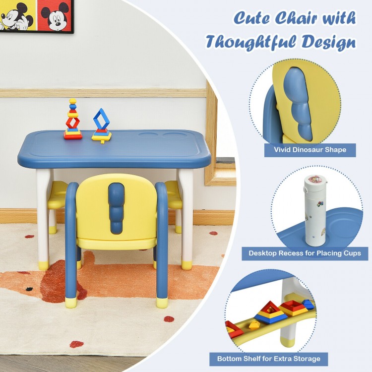 Kids activity table and chair set in blue with dinosaur design, featuring storage shelf and cup recess for preschool.