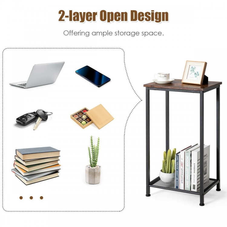 2-tier industrial end table with metal mesh shelves, featuring a rustic top and ample storage for books and decor.