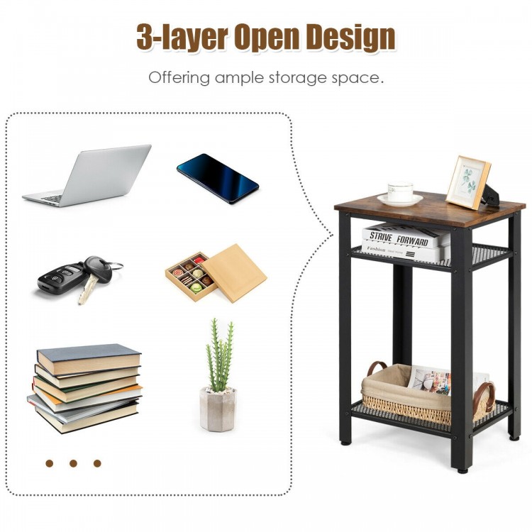 3-tier industrial end table with metal mesh shelves, featuring a rustic top and ample storage for bedroom or living.