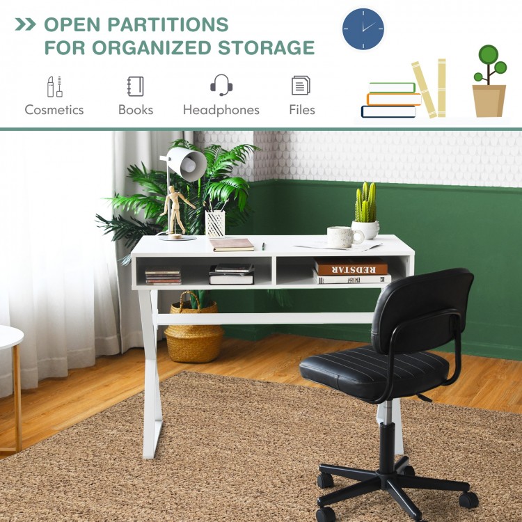 Modern computer desk with white MDF top and iron legs, featuring 2 storage compartments for organized workspace.