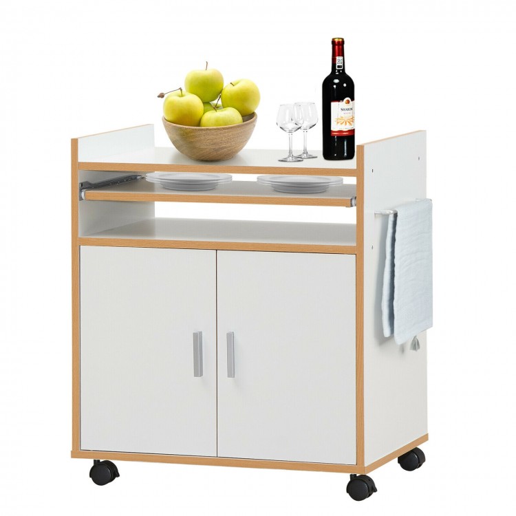 Rolling kitchen island on wheels with removable shelf, towel rack, and compact design for versatile storage and.