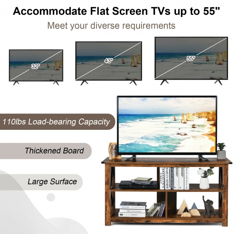 Modern farmhouse TV stand in brown accommodating TVs up to 55 inches with open shelves for storage and cable management.