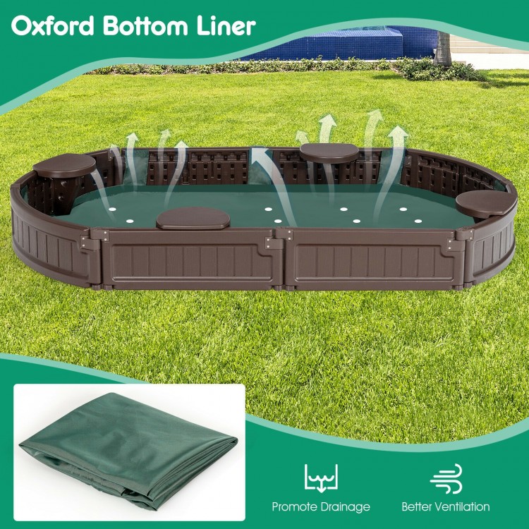 Brown sandbox with built-in corner seats, bottom liner for drainage, and lightweight design for outdoor use.