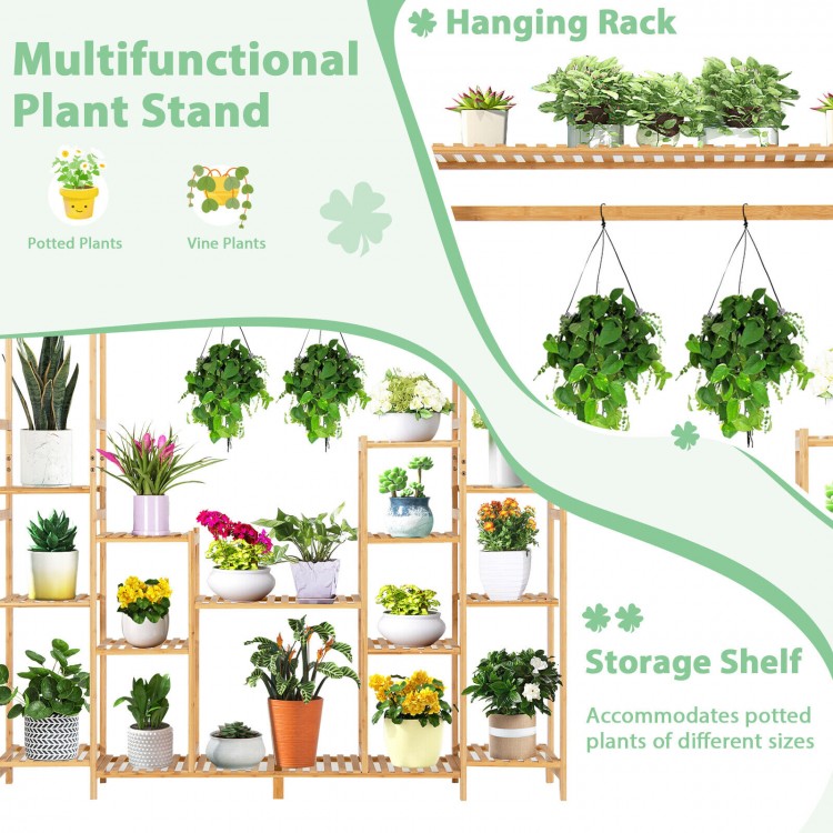9-tier bamboo plant stand featuring a hanging rack and storage shelves, ideal for potted and vine plants in any space.