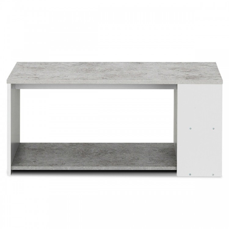 Stylish gray coffee table with spacious storage shelves, crafted from eco-friendly P2 MDF, perfect for home or office.