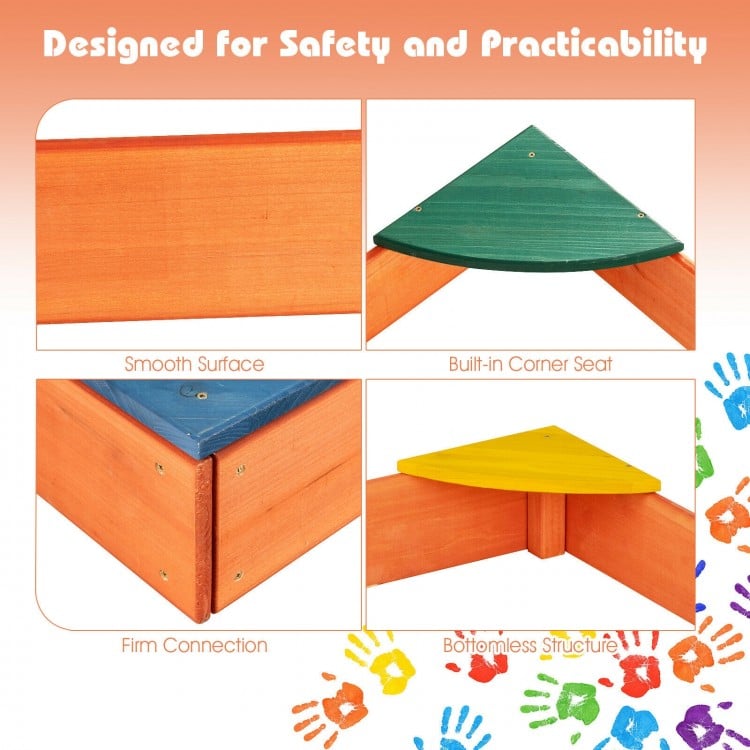Detail of the Kids Outdoor Wooden Sandbox showing built-in corner seating and smooth surface for safety and comfort.