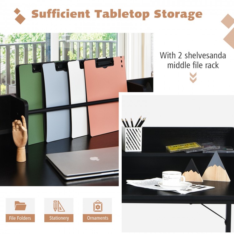 L-shaped black computer desk with file shelf and hutch, designed for efficient storage and modern workspace.