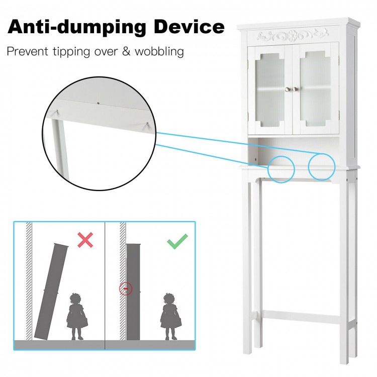 Bathroom space saver toilet rack with adjustable shelf, anti-dumping device, and frosted glass doors for safety.