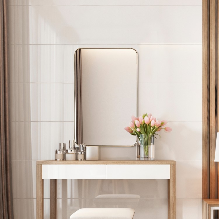 Rectangular 32x20 inch wall-mounted mirror with a golden metal frame, ideal for bathrooms and living rooms.