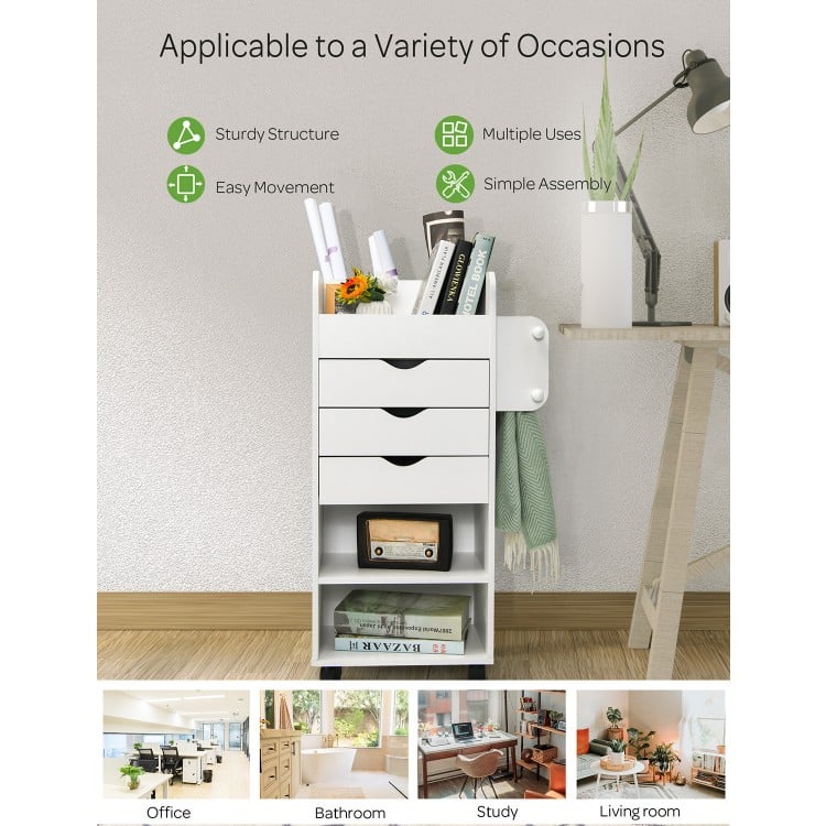 Side view of the white wooden utility rolling craft storage cart showcasing its compact design, 3 drawers, and 3.