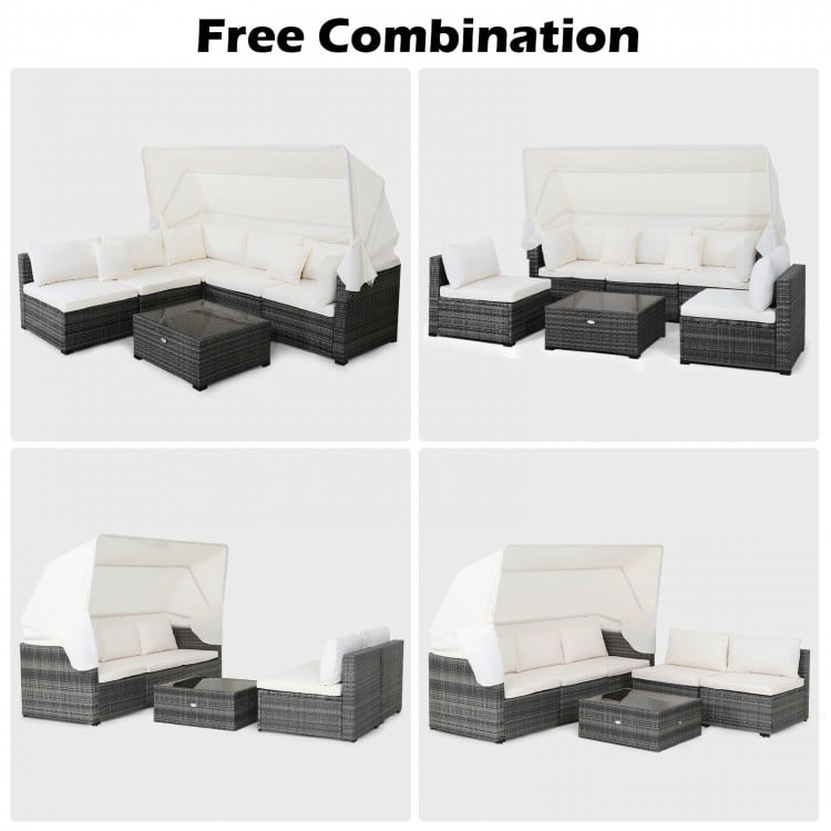 6-piece patio rattan furniture set with retractable canopy, featuring adjustable foot pads for versatile outdoor use.