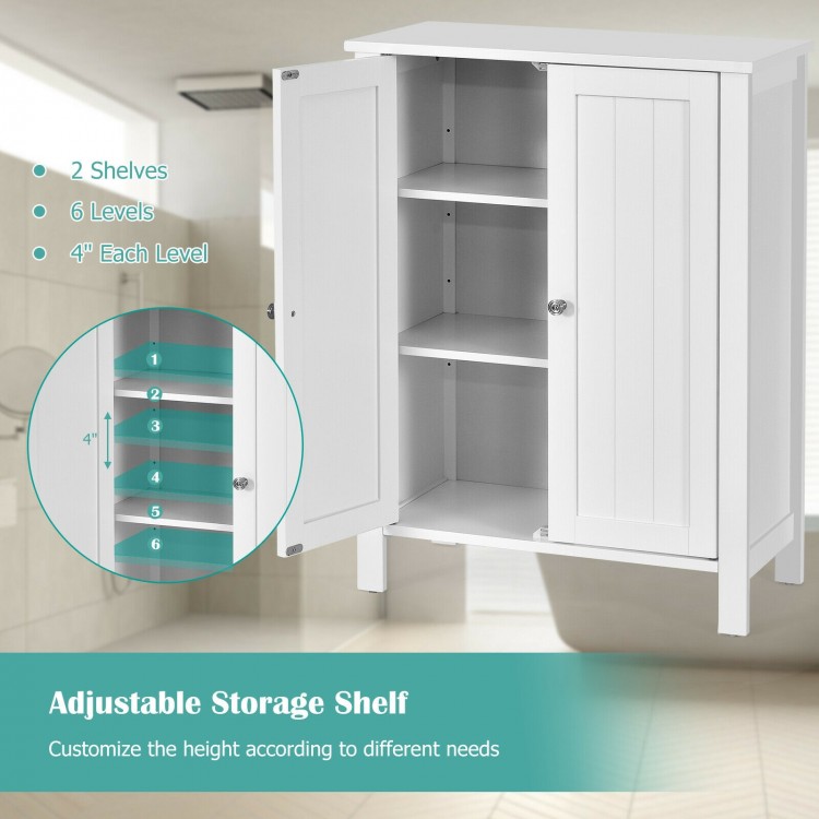 2-door white bathroom storage cabinet with adjustable shelves, suitable for towels and toiletries, featuring a sleek.