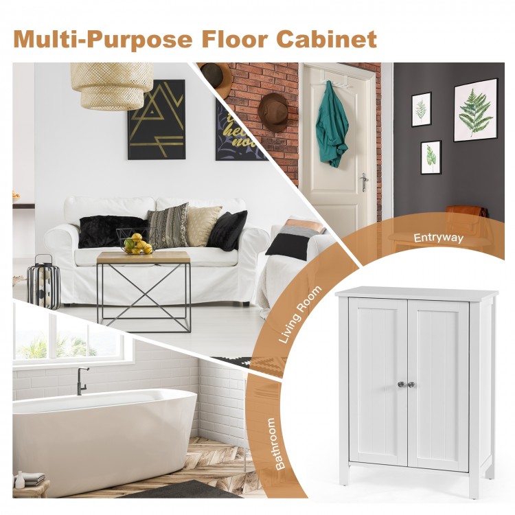 2-door bathroom floor storage cabinet in white with adjustable shelves, ideal for organizing towels and toiletries.