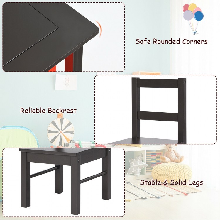 Kids activity table set featuring dark brown MDF, safe rounded corners, and ergonomic backrest for comfortable seating.