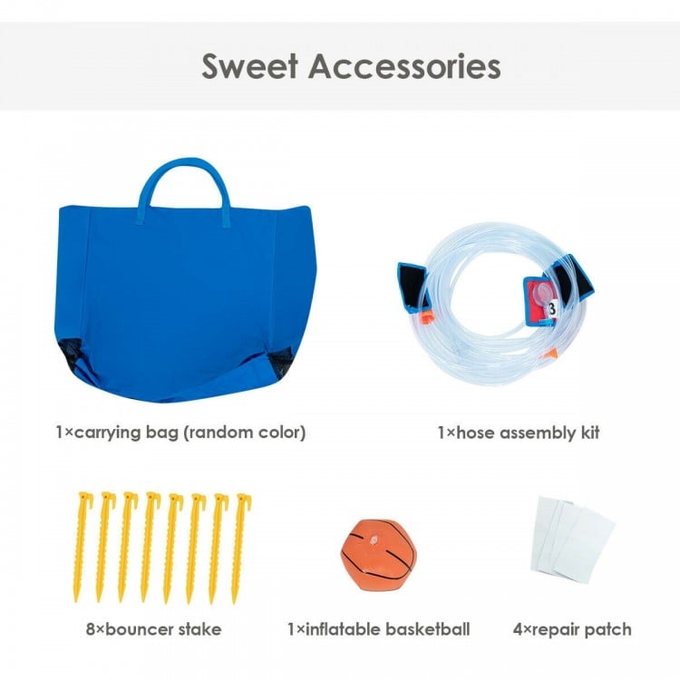 Carrying bag, hose assembly kit, bouncer stakes, inflatable basketball, and repair patch for inflatable water park.