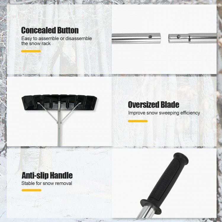 Extendable 20 ft aluminum snow roof rake with anti-slip handle and 25” blade for efficient snow removal.