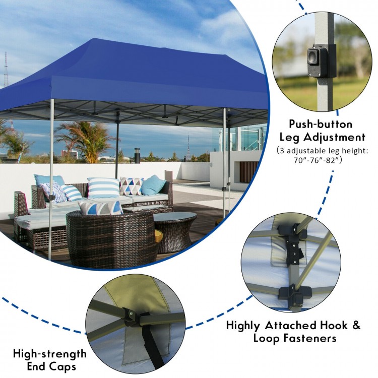 Adjustable folding sun shelter in blue with 300D oxford cloth, featuring a sturdy steel frame for outdoor events.