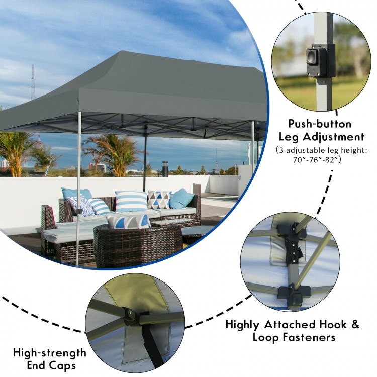 Adjustable folding sun shelter in gray with a sturdy steel frame, ideal for outdoor parties and picnics.