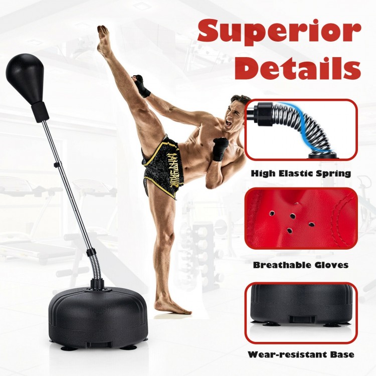 Freestanding punching bag with adjustable height, durable base, and breathable gloves for fitness training at home.