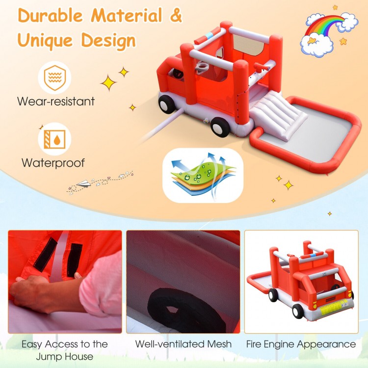 Fire truck-themed inflatable bounce house with slide and water spray, perfect for backyard fun and role-play games.